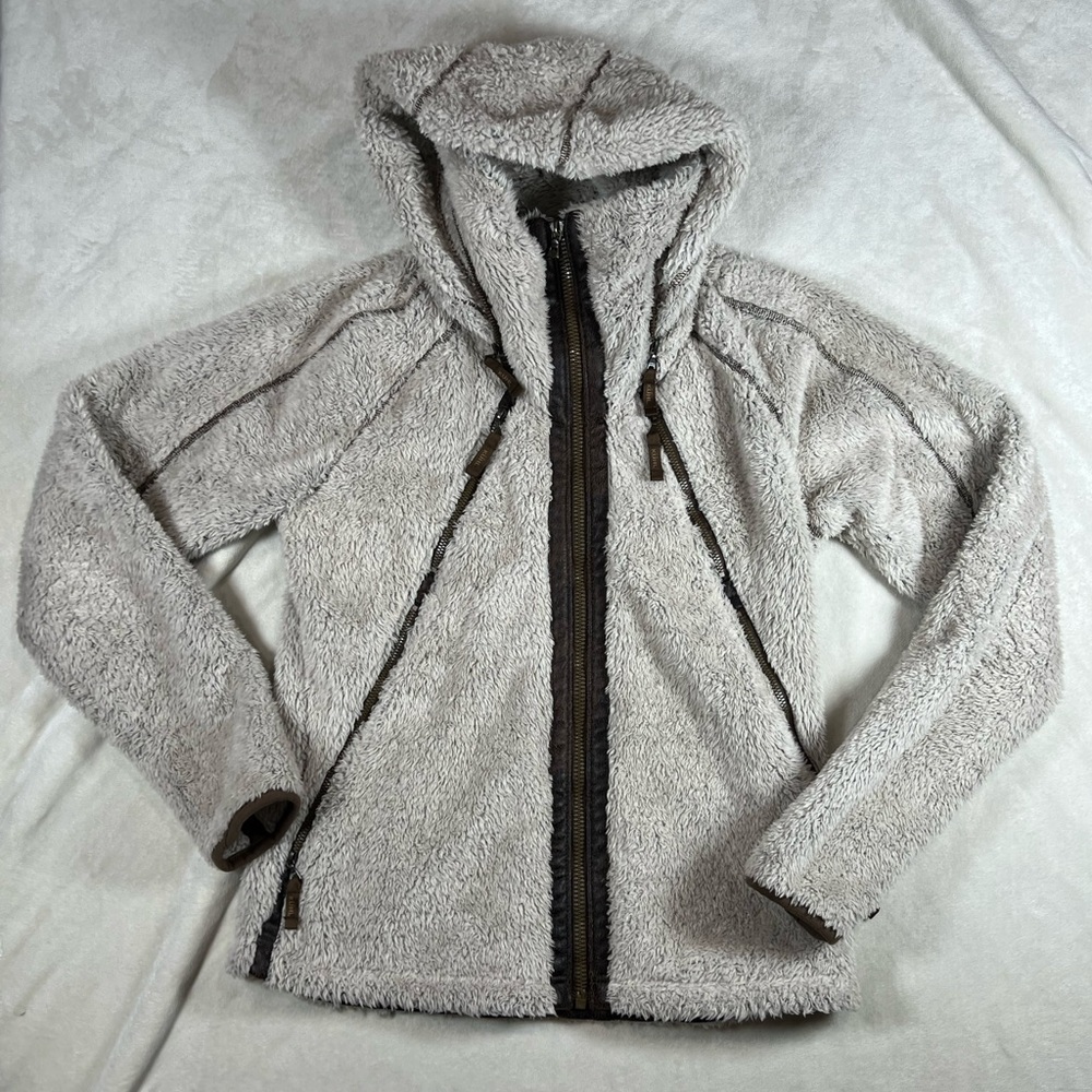 Women’s KUHL Medium Flight Jacket Sherpa Leather Lined Hooded Tactical Coat EUC